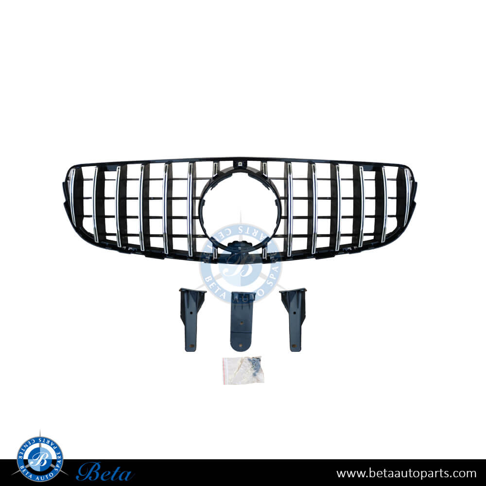 Grille GT look with camera hole Black and Chrome color for Mercedes GLC-Class W253 2016-2019 models, Part Number 2538882A00 Grille GT look with camera hole Black and Chrome color for Mercedes GLC-Class W253 2016-2019 models, Part Number 2538882A00